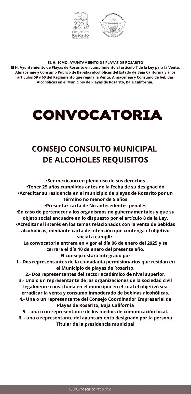 Rosarito invita a integrar el Consejo Consultivo de Alcoholes