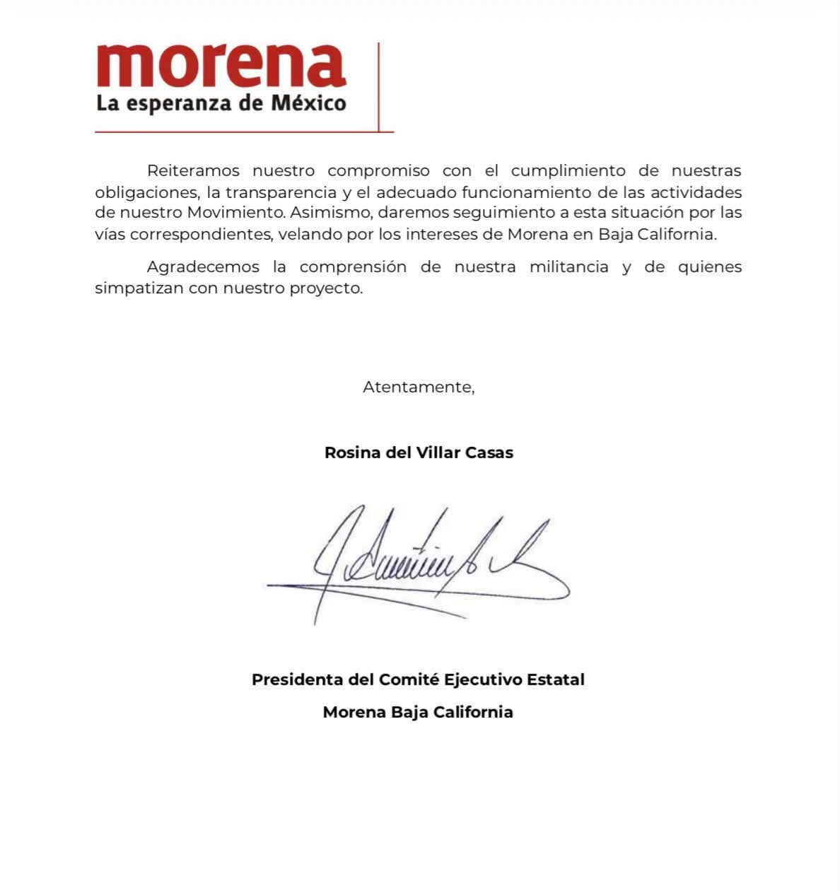 Posicionaiento de Rosina Del Villar, Presidenta del Comité Ejecutivo Estatal de Morena Baja California.